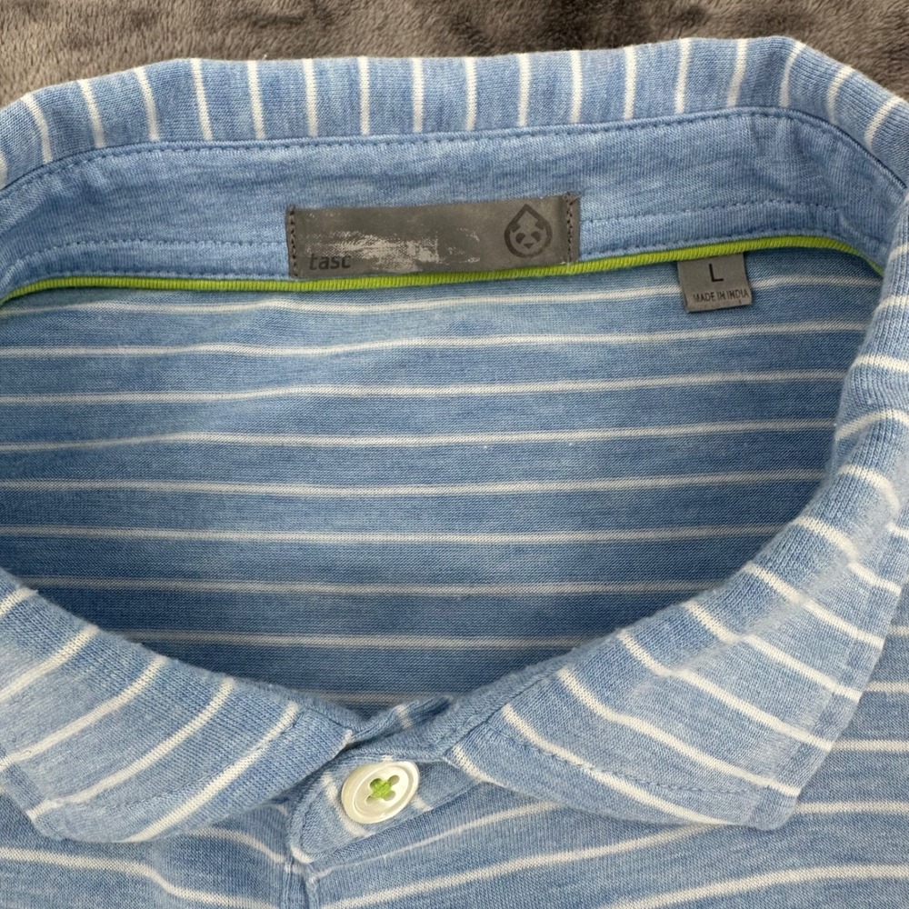 tasc Performance Mens Blue White Striped Polo Shirt Large Palm Tree Crest Logo - Picture 4 of 8